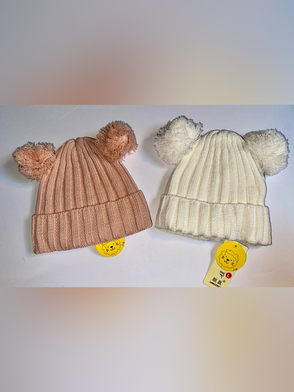 Double Pom Ribbed Knit Beanie for Kids - Pink & Cream